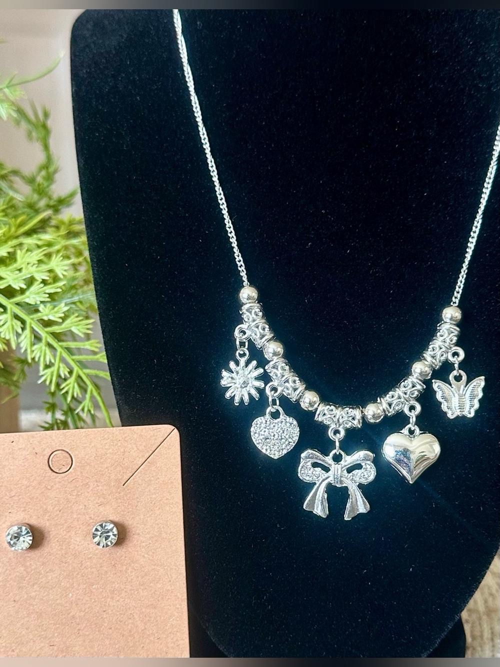 Mint NWY Silver Charm Pendant Necklace with Heart, Bow & Butterfly & Stud